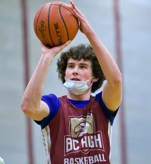 BC High's Mike Loughnane shoots at practice on Wednesday, Jan. 12, 2022, the day after scoring his 1,000th career point against Xaverian.