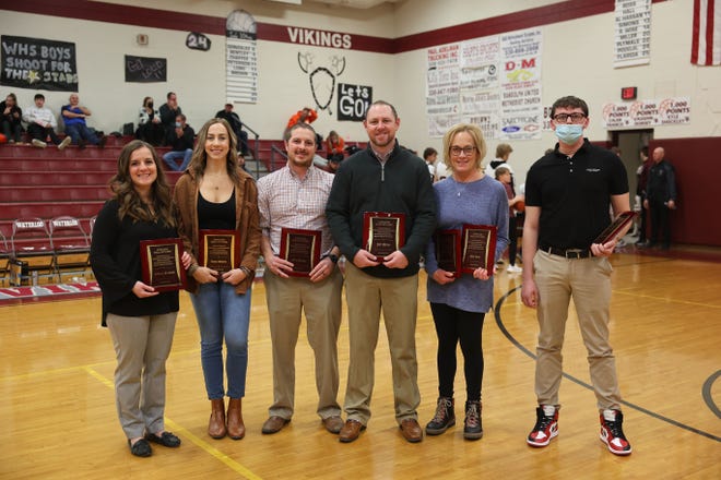 The Waterloo Athletic Hall of Fame Induction Ceremony was held Tuesday night at a ceremony held at the high school. From left, Rebecca Beckwith, Class of 2010; Laura Schiele, Class of 2007; Greg Knapp, Class of 2017; Jeff Willis, Class of 2005; Jennifer Kane Knapp, Class of 1986; Isaiah Wise, son of Matt Wise, Class of 1996. Not pictured: Mike Kane, ’03; Thomas Hercheck, ’09; Haley Hurd, ’14; Nathan Forney, ’16; Russel Huber Community Service Award recipient Brad Miller, owner of Bob’s Pizza.