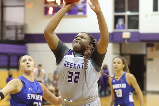Rockford University freshman Anaya Davis goes back up for a shot after hauling in a rebound during a 58-47 loss to Dubuque on Nov. 16, 2021, in Rockford. Davis recently set the school record with 23 rebounds in a game.