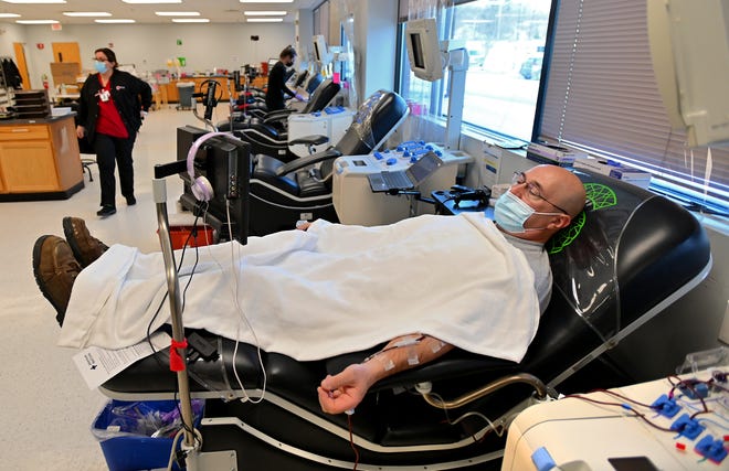 Regular platelet donor Norman King of Douglas was the sole donor when a photographer visited the American Red Cross at 381 Plantation St. in Worcester on Wednesday.