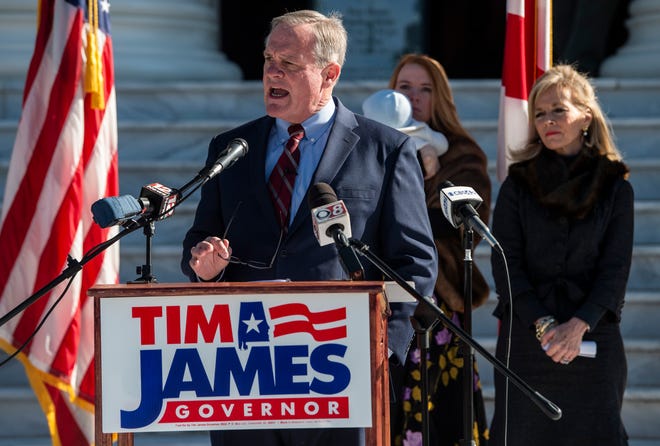 Tim James announces his campaign for Governor of Alabama on the steps of the Alabama State Capitol in Montgomery, Ala., on Wednesday, Jan. 12, 2022.
