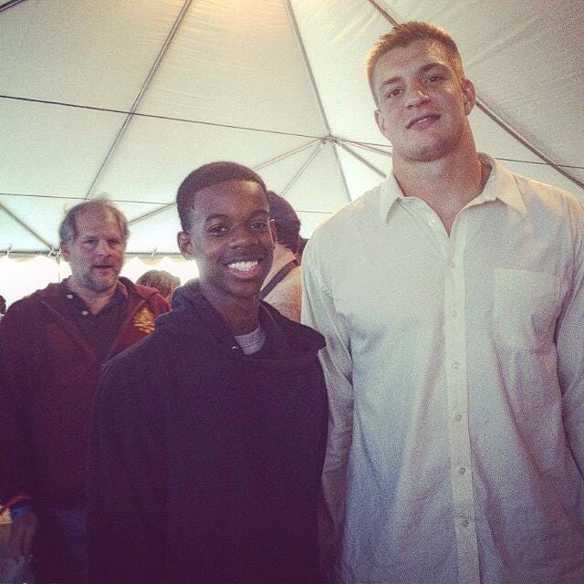 Cameron Corbett, of Magnolia, poses with Rob Gronkowski in a photo taken about 10 years ago, back when the tight-end was still a member of the New England Titans and teammate of Corbett's cousin, Magnolia native Duron Harmon.