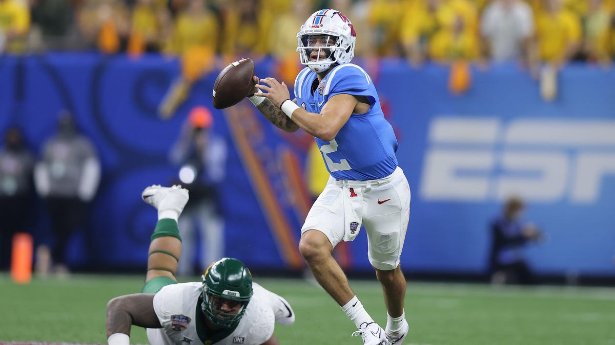 Matt Corral of the Mississippi Rebels looks to pass against the Baylor Bears during the first quarter in the Allstate Sugar Bowl at Caesars Superdome on January 01, 2022 in New Orleans, Louisiana.