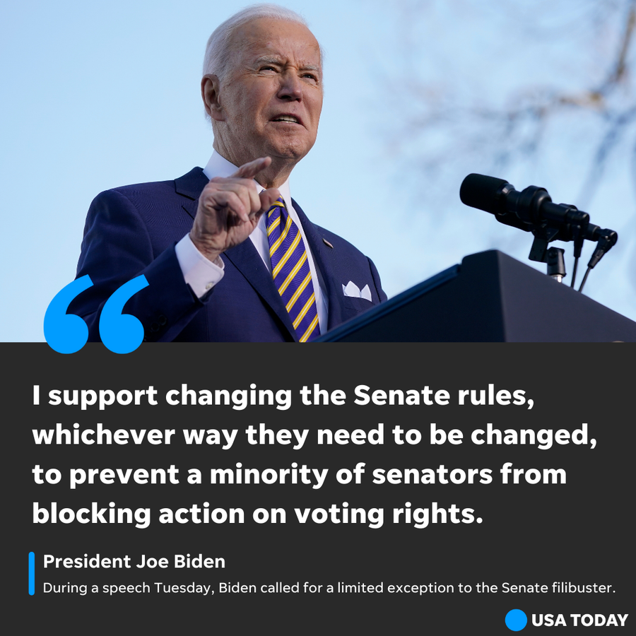 President Joe Biden speaks in support of changing the Senate filibuster rules to ensure the right to vote is defended in Atlanta on the grounds of Morehouse College and Clark Atlanta University on Tuesday, Jan. 11, 2022.