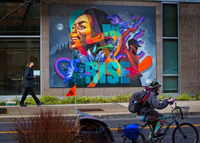 A new mural now graces the south side of the Mary Splide Center, the Lane Community Center's downtown campus building.