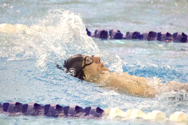 Shawnee's Emma Oller competes in the 500 freestyle where she took fifth place on Tuesday.