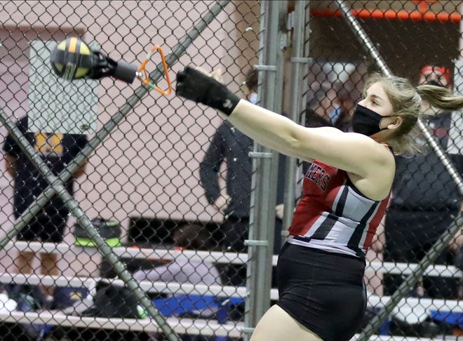 Megan Spencer of Somers competes in the weight throw  during the Millrose Trials at the New Balance Armory in New York City Jan. 12, 2022.