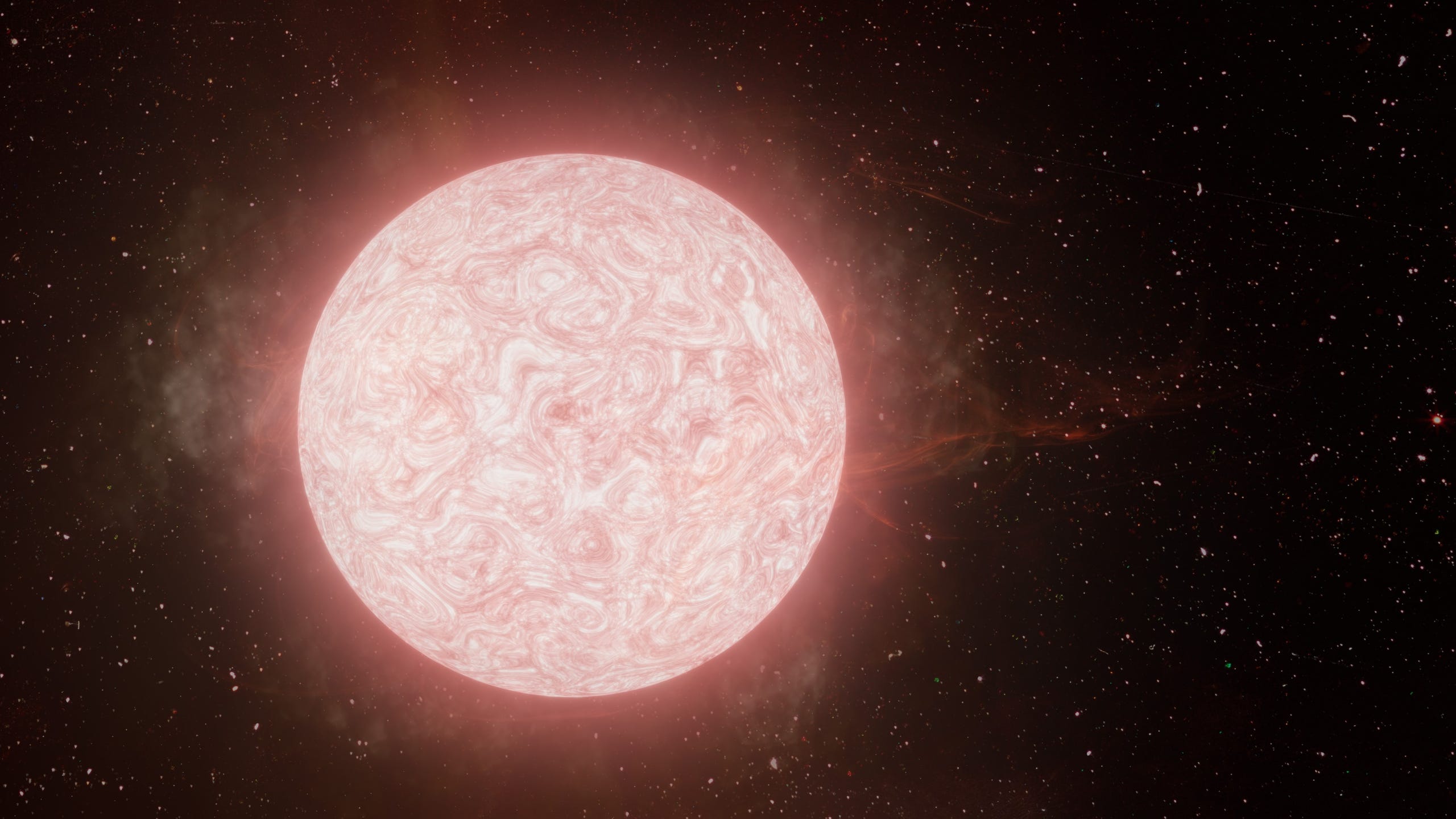 An artist’s impression of a red supergiant star in the final year of its life emitting a tumultuous cloud of gas. This suggests at least some of these stars undergo significant internal changes before going supernova.