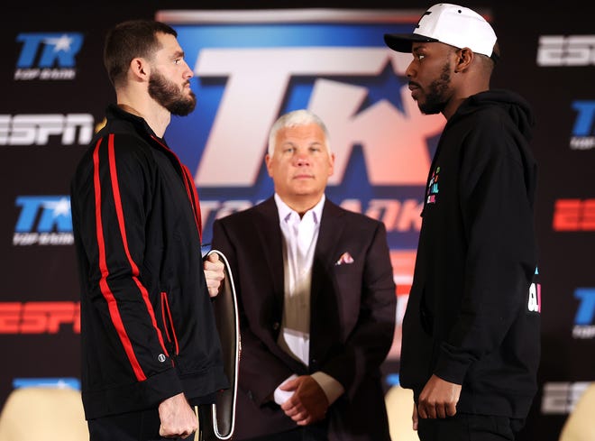 Joe Smith Jr. (left) and Steve Geffrard face off during the press conference announcing their WBO light heavyweight championship fight this week in Verona, New York.