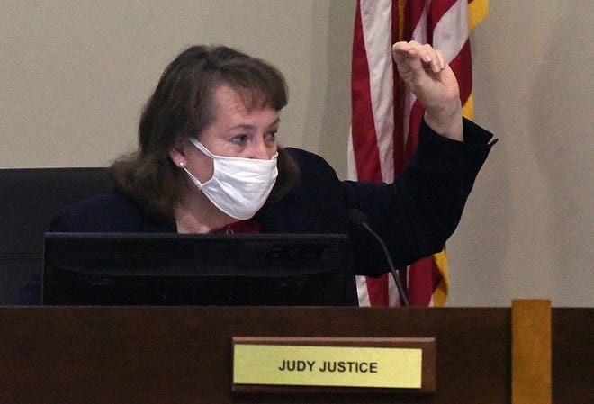 Judy Justice speaks during a special board meeting Friday Jan. 14, 2022. During the meeting, the board voted 5-2 to censure Justice for breaking its code of ethics. [KEN BLEVINS/STARNEWS]