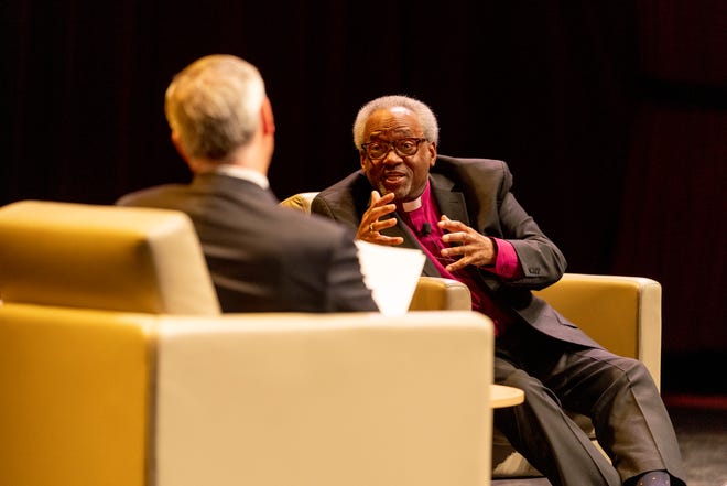 Michael Curry, presiding bishop of the Episcopal Church in the U.S., reflects on democracy and religion in a conversation with Jon Meacham, Vanderbilt University historian, in a conversation at Vanderbilt on Jan. 13, 2022.