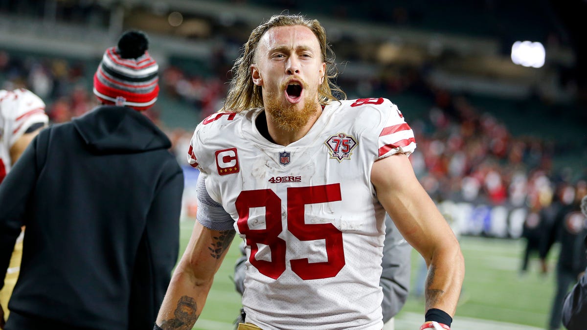 San Francisco 49ers tight end George Kittle (85) celebrates following the win in overtime against the Cincinnati Bengals at Paul Brown Stadium.