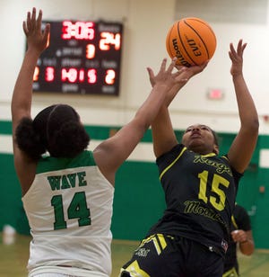 Kings Mountain's Saniya Wilson hoists a shot while fading away in her team's win at Ashbrook on Friday night.