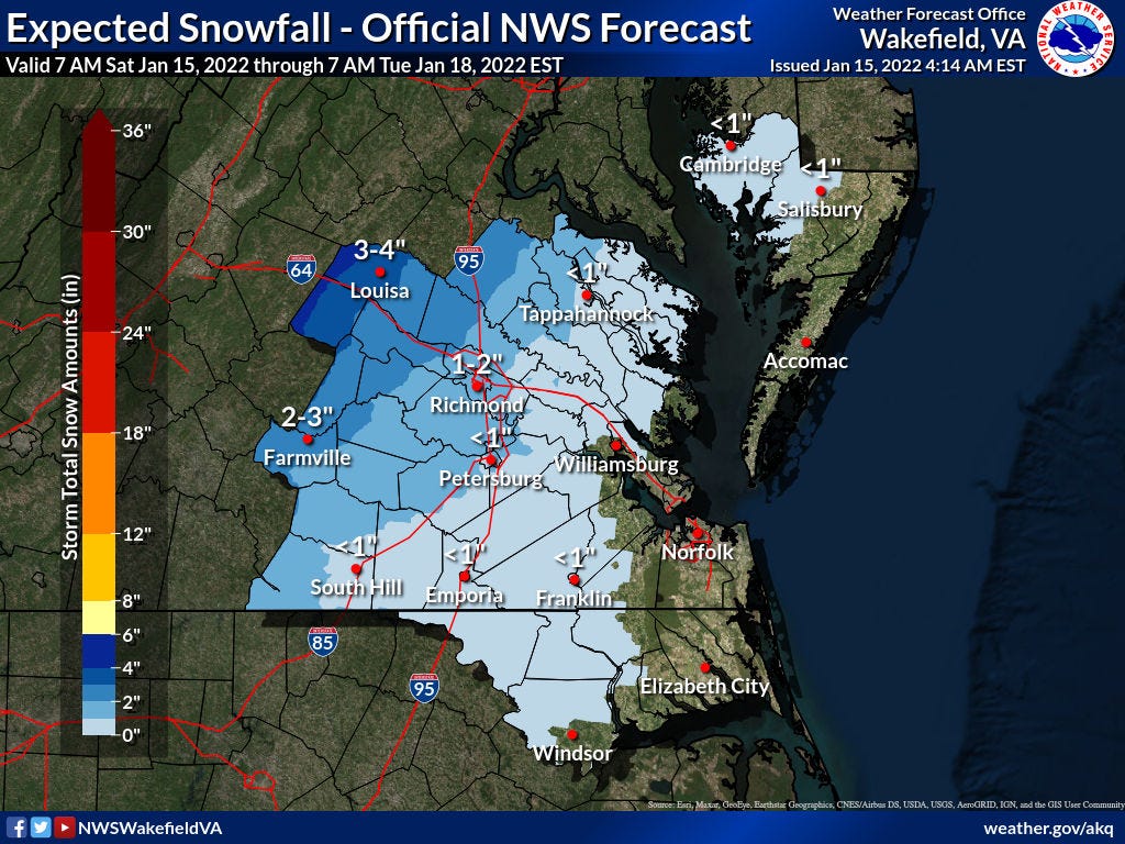 Nws Snow Forecast Map Petersburg Va Area Expects To See A Mix Of Rain And Snow Sunday