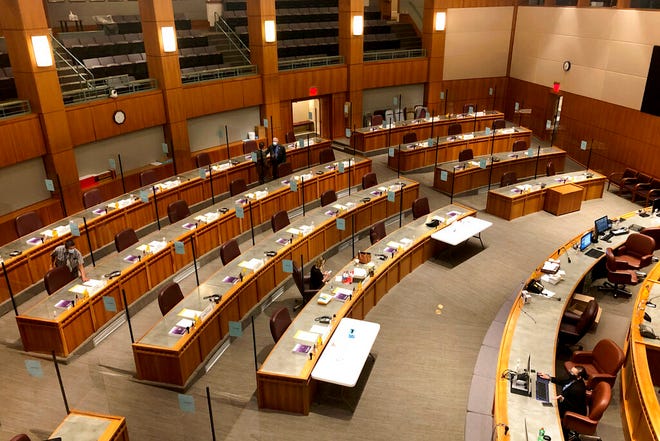 Final preparations are made at the New Mexico Senate chamber at the Roundhouse in Santa Fe.