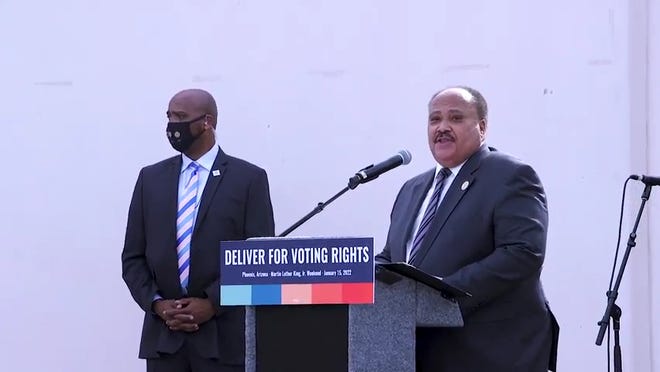 Martin Luther King III spoke at a voting rights march and rally in Phoenix.