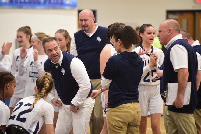 West York girls' basketball head coach Jim Kunkle speaks to his team during a timeout during a game against Gettysburg last season.  After five seasons at West York, Kunkle resigned to take a job at York College.