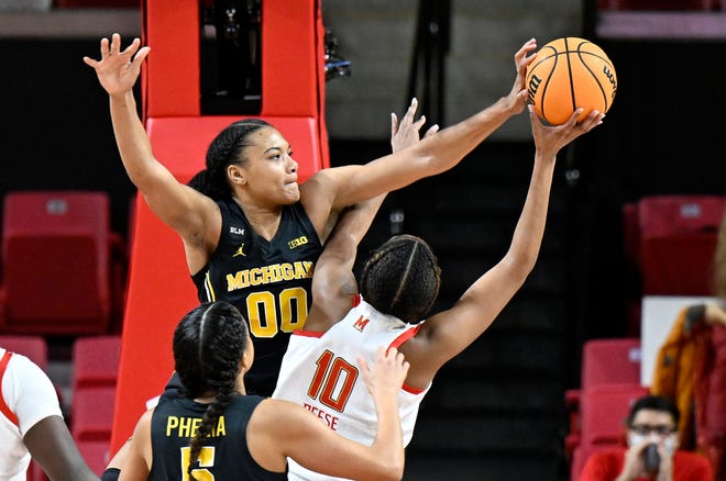 Naz Hillmon (0) of the Michigan Wolverines blocks a shot in the second quarter against Angel Reese of the Maryland Terrapins at Xfinity Center on Jan. 16, 2022 in College Park, Maryland.