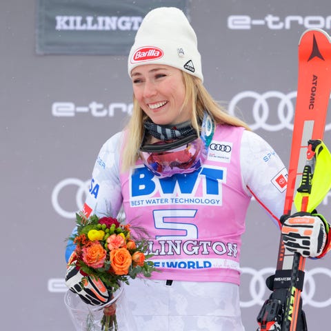 Mikaela Shiffrin of the United States on the podiu