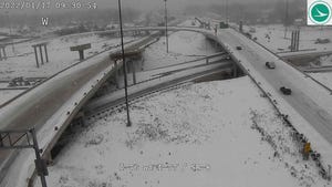 Traffic was hazardous Monday in the Greater Akron area. The city's Central Interchange was snow and ice covered with little traffic at 9:30 a.m.
