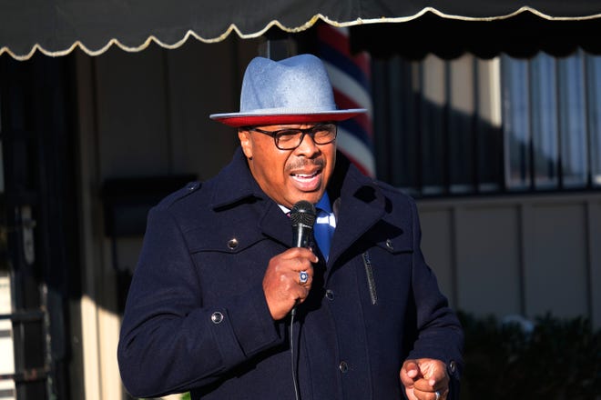 The Rev. Derrick Scobey, Ebenezer Baptist Church, speaks Jan. 17 during the celebration of the Rev. Martin Luther King Jr. national holiday in Oklahoma City on what will be the MAPS 4 Freedom Center and Clara Luper Civil Rights Center.
