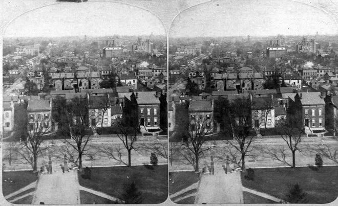 This view, taken around 1882 from the Ohio Statehouse dome, looks east across Third Street. The homes in the foreground were later torn down to build the Central YMCA, which itself was demolished in the early 1920s to erect the former Dispatch headquarters building, which still stands.
