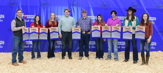 Grand Champion winners of the 2022 Somervall County Youth Fair include, from left, Hudson White, Grand Champion Market Steer; Kelsey Randall, Grand Champion Market Swine and Grand Champion Breeding Swine; Tara Harmon, Grand Champion Market Lamb; Hudson Morris and Jackson Miller, Grand Champion Ag Mechanics Project; Payton Alexander, Grand Champion Heifer; Dakota Dunson, Grand Champion Market Goat and Grand Champion Wether Dam; Aimee Flippen, Grand Champion Commercial Broilers; and Grace Gaines Grand Champion Meat Rabbits.
