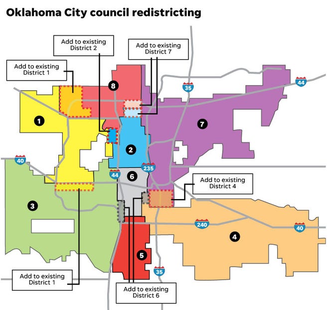 Oklahoma City ward boundaries are shown to reflect the proposed ward redistricting map.