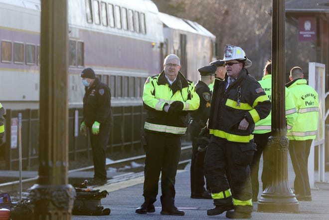 Concord fire and police personnel worked the scene after an MBTA commuter train hit a pedestrian at the West Concord train station Tuesday afternoon, Jan. 18, 2022.