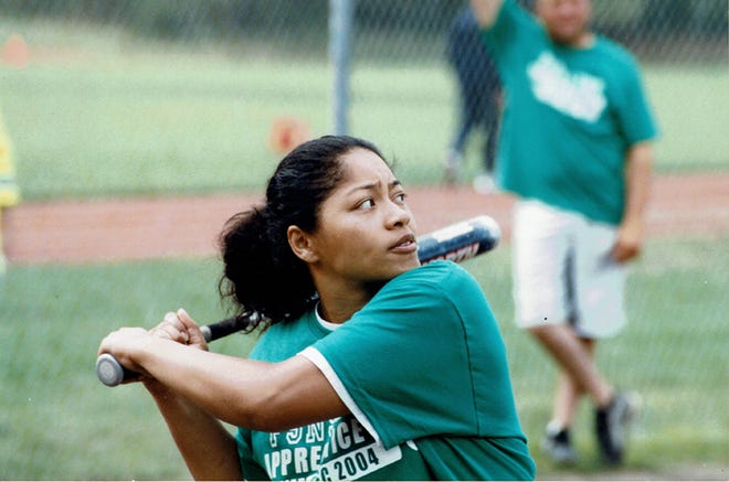 Gloria (Battle) Edmonds playing in a Bremerton softball league. Edmonds' athletic career as an adult includes stints on men's teams in basketball and softball, along with coaching and organizing other events. She's part of the 2022 class inducted to the Kitsap Sports Hall of Fame.