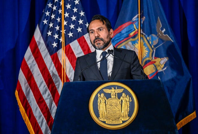 Robert Mujica, budget director of the State of New York answers 2022 budget questions during a news conference after Gov. Kathy Hochul presented her first executive state budget at the state Capitol, Tuesday, Jan. 18, 2022, in Albany, N.Y.