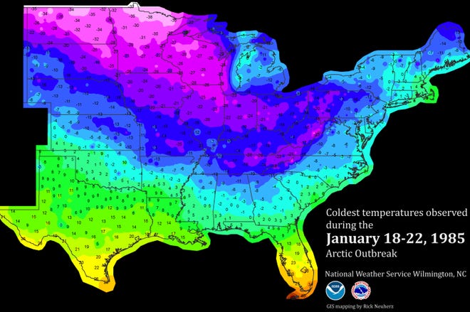 The coldest temperatures observed during the Jan. 18-22, 1985 Arctic Outbreak.
