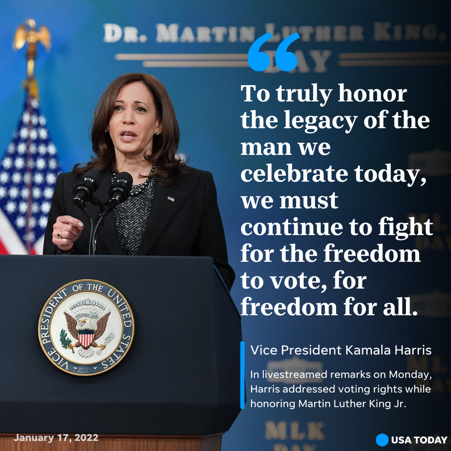 Vice President Kamala Harris delivers livestreamed remarks honoring Martin Luther King Jr. at the White House in Washington, on Monday, Jan. 17, 2022.
