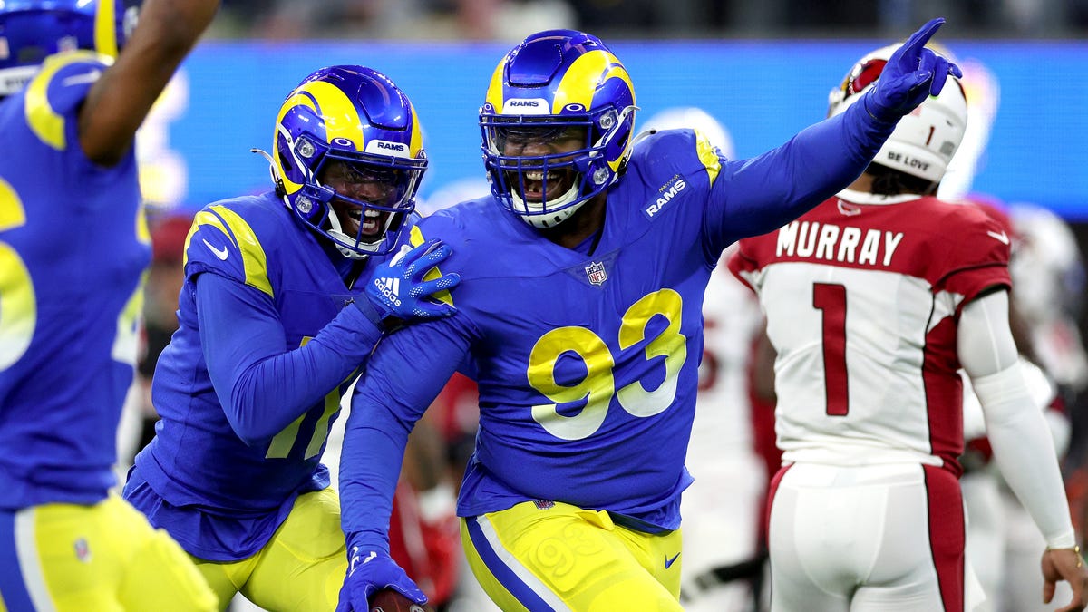 Marquise Copeland #93 of the Los Angeles Rams celebrates getting an interception with teammates in the second quarter of the game against the Arizona Cardinals in the NFC Wild Card Playoff game at SoFi Stadium on January 17, 2022 in Inglewood, California.