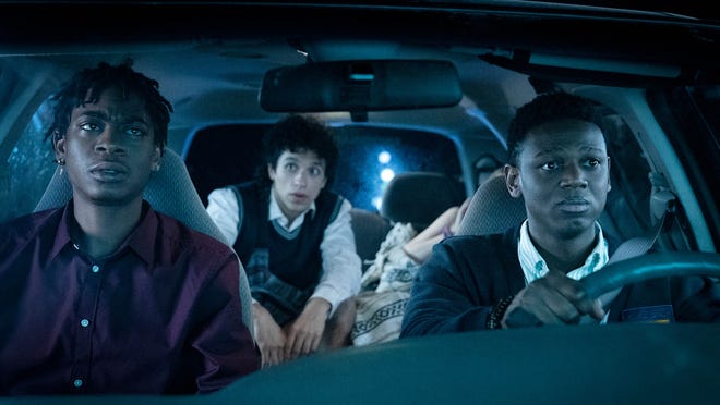From left, RJ Cyler, Sebastian Chacon and Donald Elise Watkins are college kids who have some trouble trying to do the right thing in "Emergency."