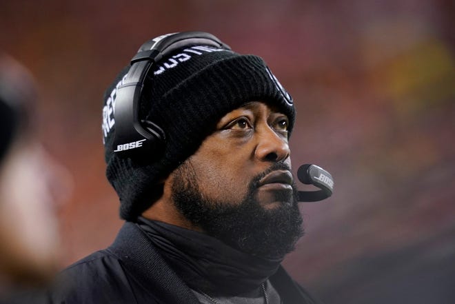 Pittsburgh Steelers head coach Mike Tomlin watches from the sideline during the first half of an NFL wild-card playoff football game against the Kansas City Chiefs, Sunday, Jan. 16, 2022, in Kansas City, Mo. (AP Photo/Ed Zurga)