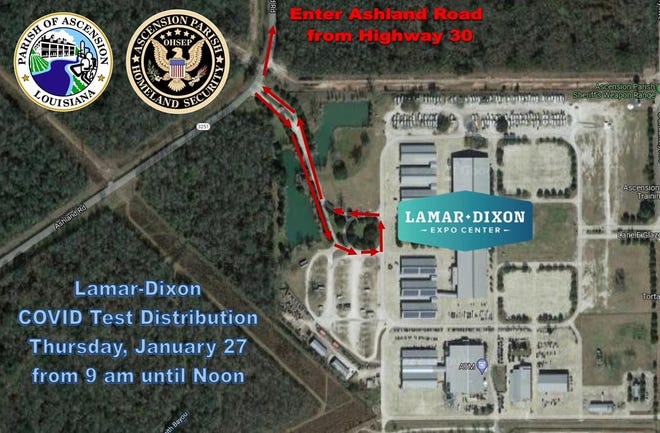 The Lamar-Dixon Expo Center in Gonzales will be the COVID-19 test distribution site on the east side of Ascension Parish. Entrance will be Ashland Road from Hwy. 30.