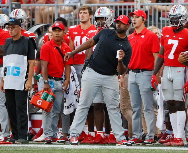 Ohio State Buckeyes linebackers coach Al Washington watches the defense from the sideline during the fourth quarter of the NCAA football game against the Tulsa Golden Hurricane at Ohio Stadium in Columbus on Saturday, Sept. 18, 2021. Ohio State won 41-20.

Tulsa At Ohio State Football