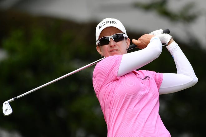 May 31, 2019; Charleston, SC, USA; Karrie Webb tees off on the 3rd hole during the second round of the U.S. Women's Open golf tournament at Country Club of Charleston. Mandatory Credit: Jasen Vinlove-USA TODAY Sports