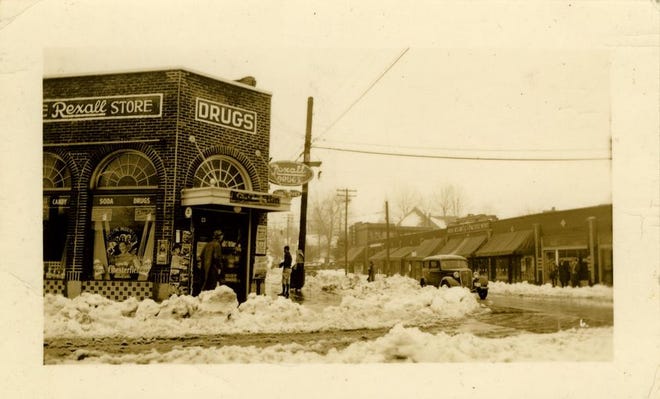 This photo, showing Rexall Drugs in downtown Black Mountain, is believed to have been taken during the blizzard that swept across western North Carolina in 1936.