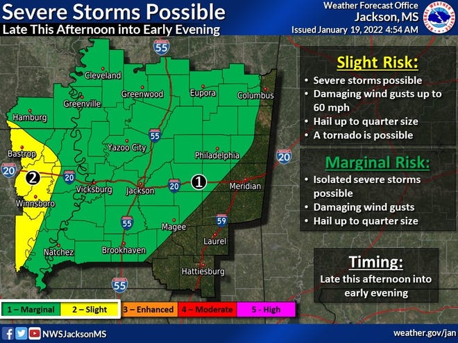 Severe weather is in the forecast for Mississippi starting Wednesday with the possibility of wind gusts and hail around Jackson and ending Friday with the potential for freezing rain around Hattiesburg, according to the National Weather Service's Jackson office.