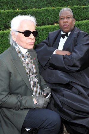 Karl Lagerfeld and Andre Leon Talley pose during the Chanel 2012-13 Cruise Collection at Chateau de Versailles on May 14, 2012, in Versailles, France.