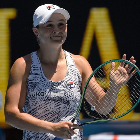 Ash Barty reacts after defeating Lucia Bronzetti i