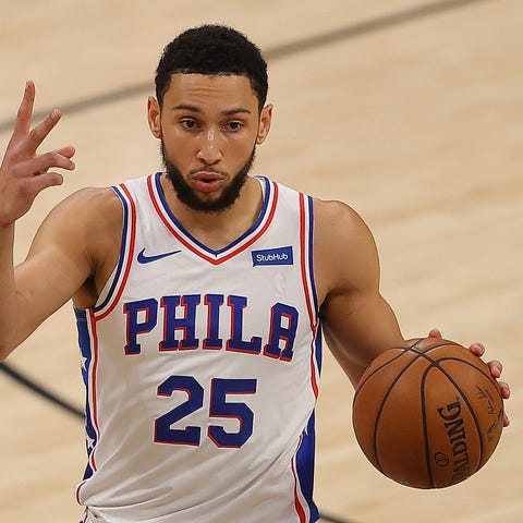 Ben Simmons of the Philadelphia 76ers calls out a 
