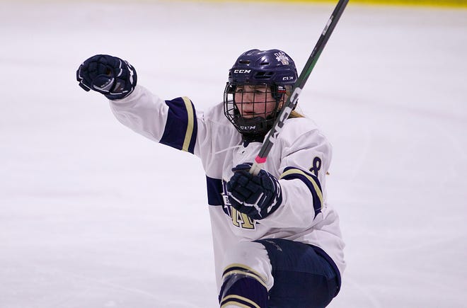 Archbishop Williams' Caroline Batchelder celebrates a goal during a game against Weymouth at Canton Sportsplex on Wednesday, Jan. 19, 2022.