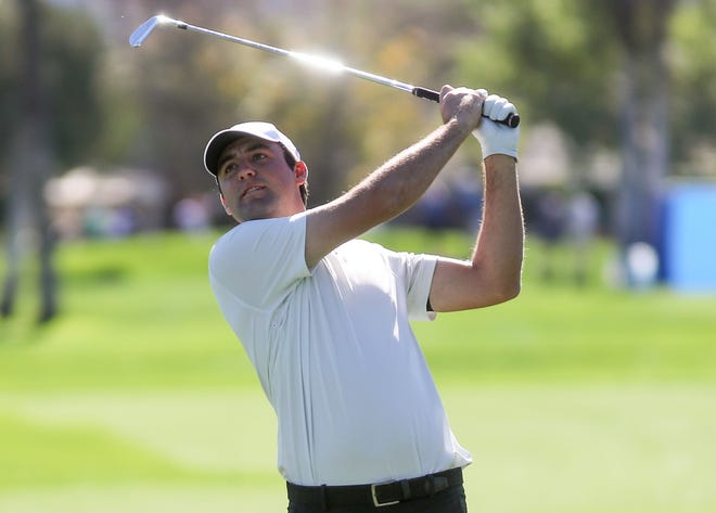 Scottie Scheffler hits his second shot on the 5th hole during the American Express at La Quinta Country Club in La Quinta, Calif., Thursday, January 20, 2022.