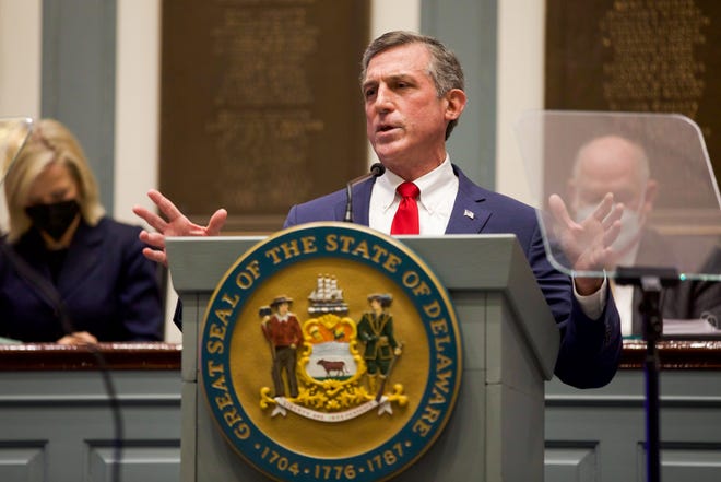 Gov. John Carney delivers his State of the State address in the House chamber on Jan. 20, 2022.