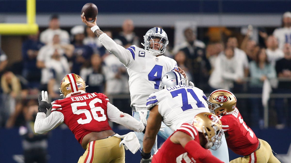 Dallas Cowboys quarterback Dak Prescott (4) throws a pass in the fourth quarter against the San Francisco 49ers in an NFC wild-card game.