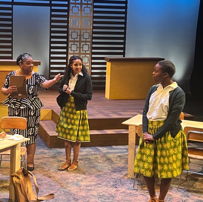 Left to right, Wilma Hatton, Lisa Glover and Kerri Garrett in “School Girls; Or, The African Mean Girls Play.”