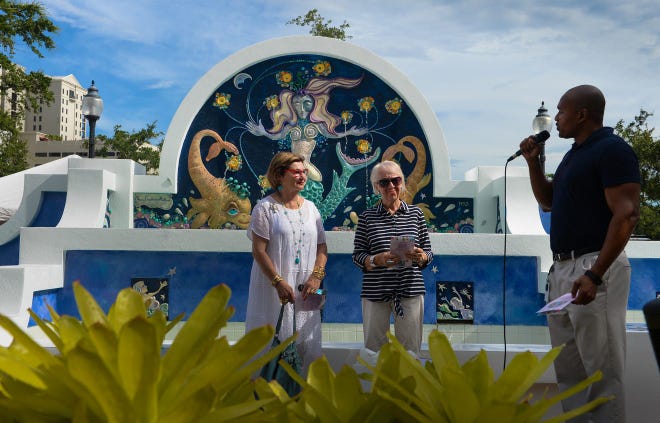 A ceremony is held in Paul N. Thorpe Jr. Park in 2017 after refurbishment of the Mermaid Fountain was completed. That year, the former Pineapple Park was renamed for Paul Thorpe for his many contributions to the growth of downtown Sarasota.